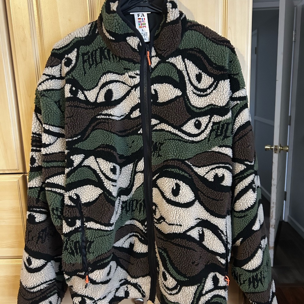 FA Fucking Awesome x ADIDAS Sherpa  Jacket Green Brown Camo Eye Pattern
